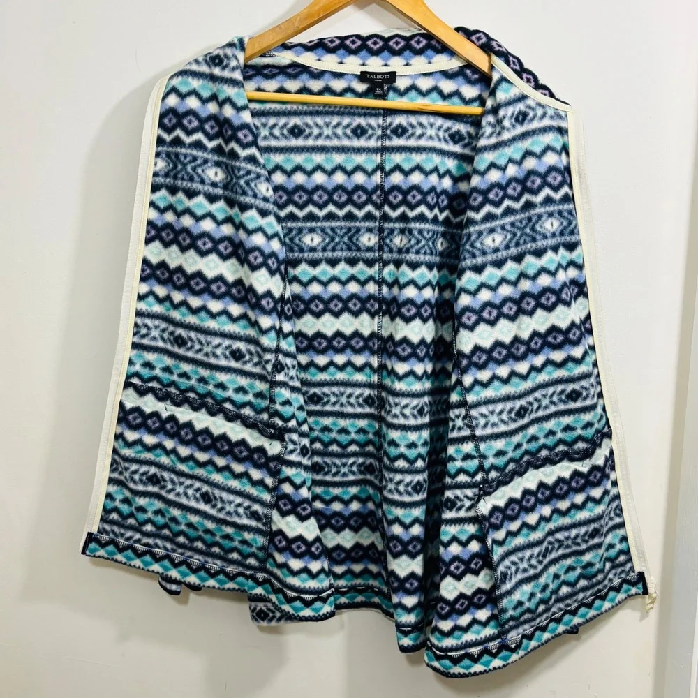 Talbots Fair Isle Aztec Blue Purple Print Fleece Zip‎ Up Jacket Side Pockets 2X